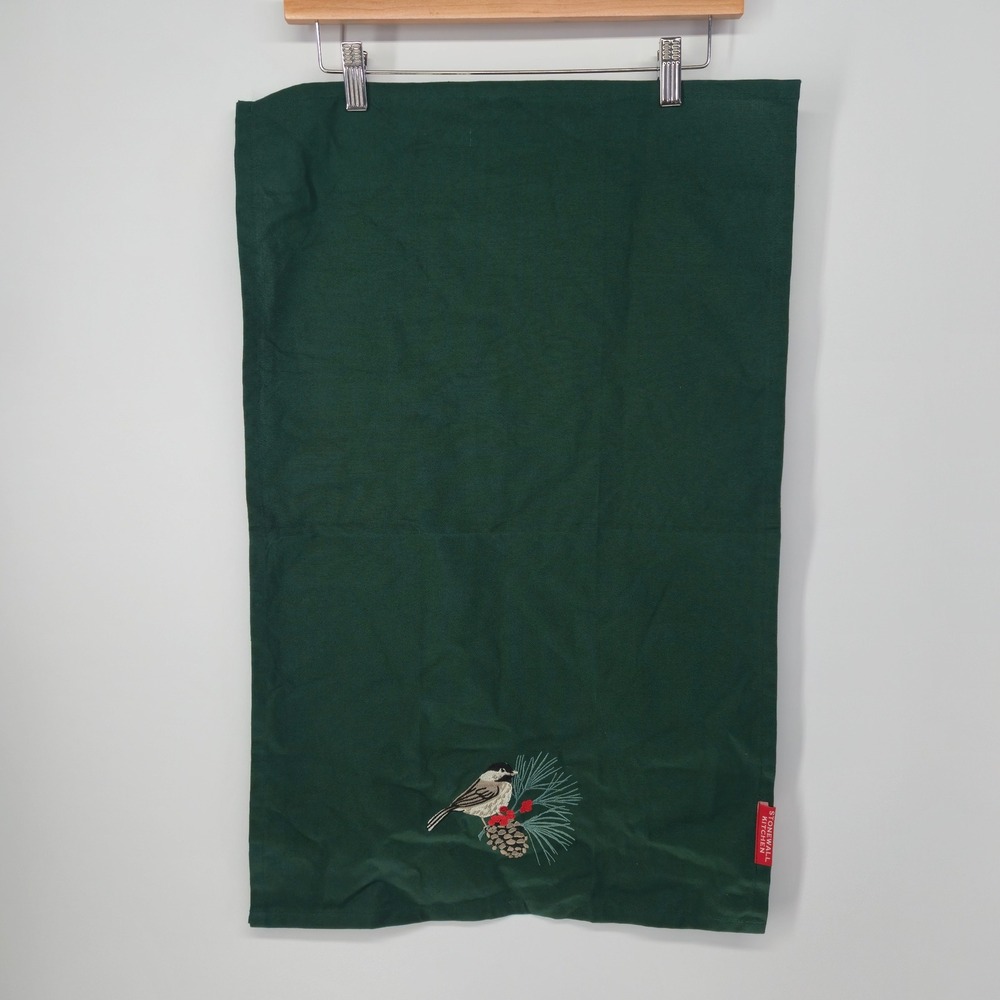 Stonewall Kitchen Tea Towel 18x28 Green Holiday Chickadee Bird Christmas New